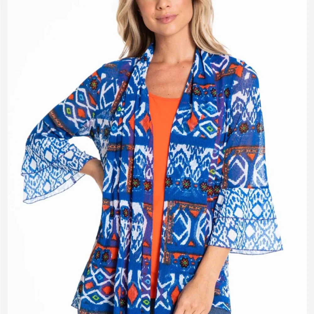 Multiples high low double flounce Open Kimono large. Boho. Playful